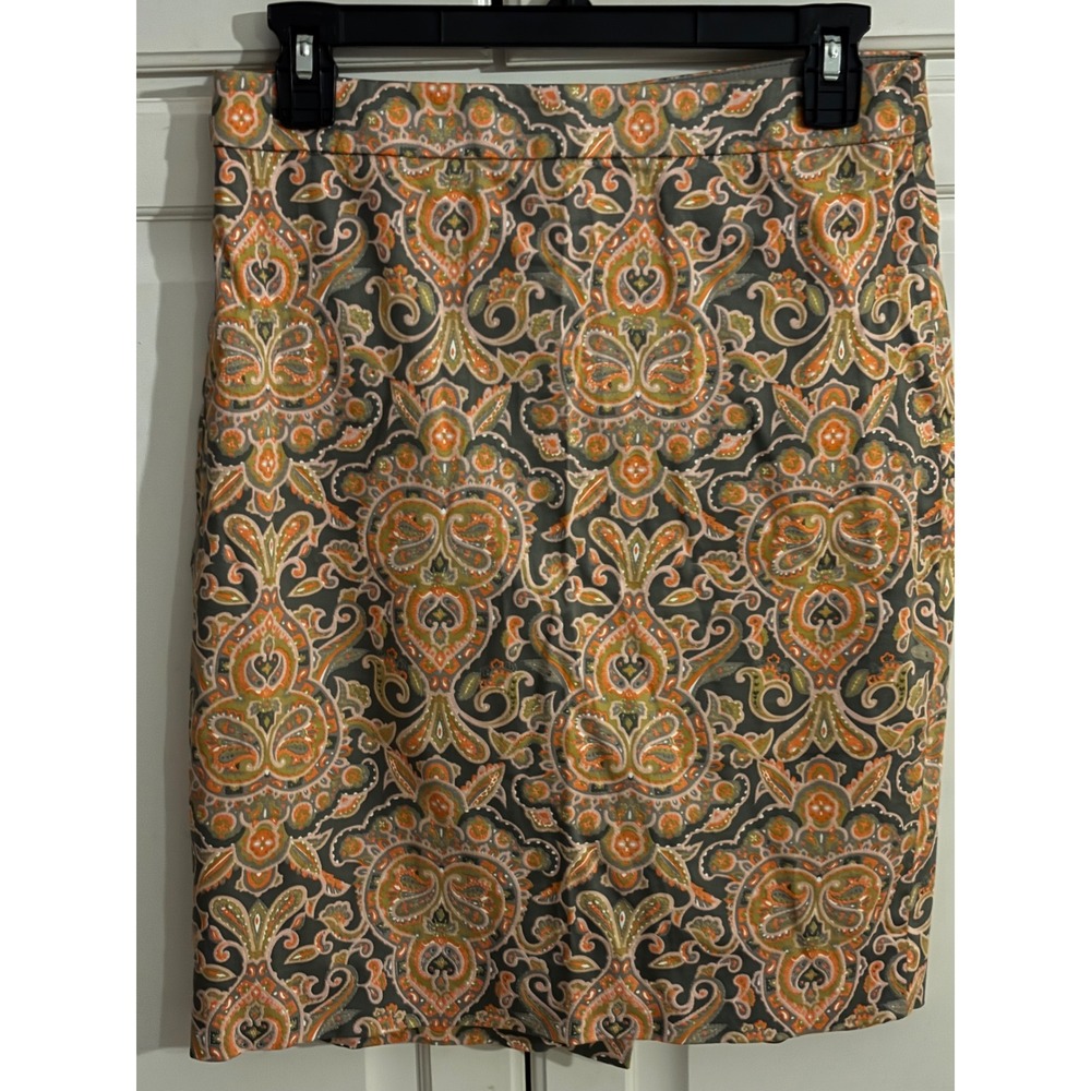 J.Crew The Pencil Skirt Orange Olive Paisley Stretch Cotton Size 2 37532